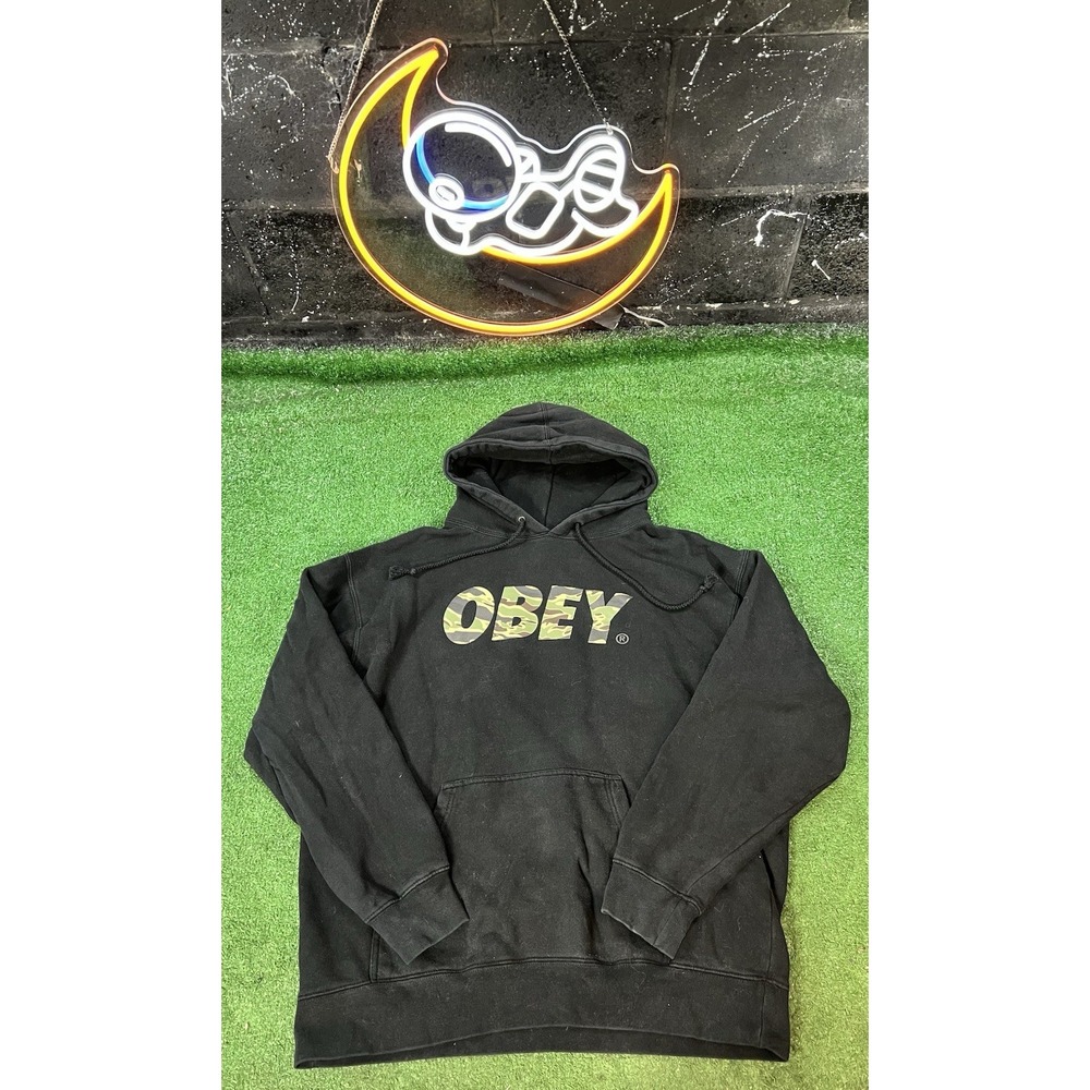 Obey Propaganda Big Logo Black/ Camouflage Sweatshirt Pullover Hoodie Mens Sz LG